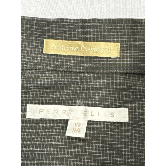 Perry Ellis Mens Gray Checked Button Up Dress Shirt Size 17-34 Long Sleeve - Picture 6 of 9